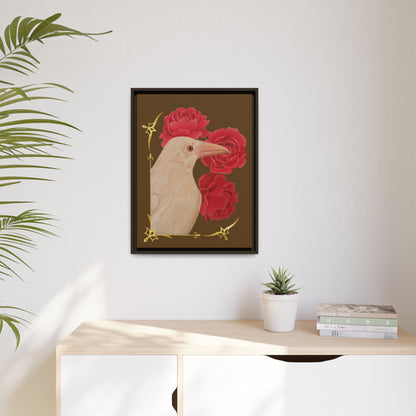 Small black framed canvas art print featuring a white raven and red peonies.