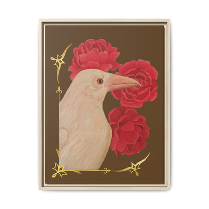 Framed art print close-up of white raven with red peonies, light wood frame