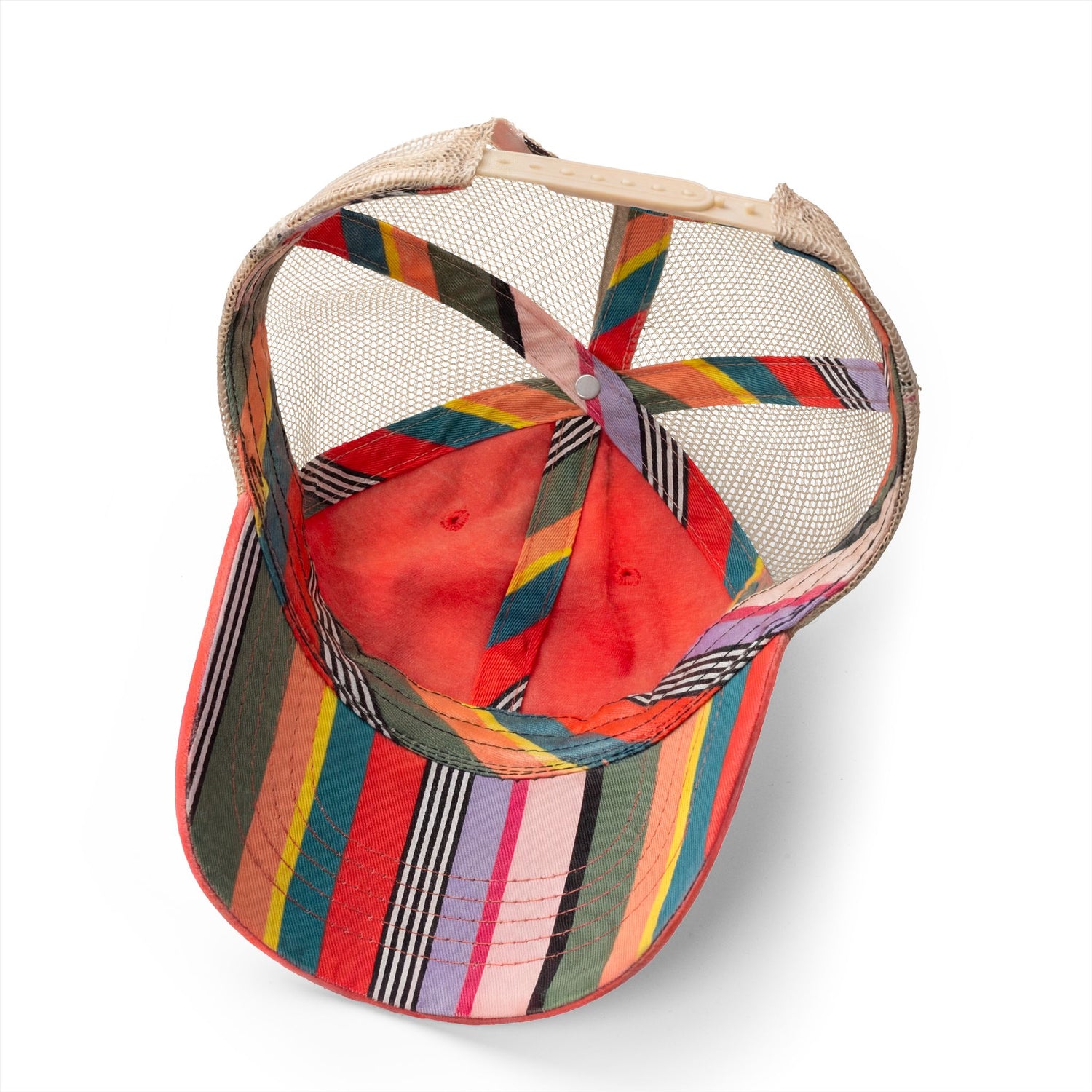 Washed mesh-back cap with rainbow vertical stripes and red underbrim