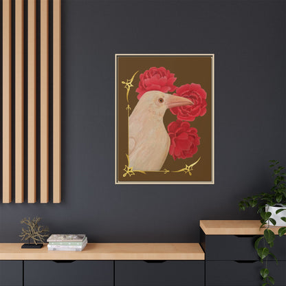 Small framed art print with white raven and red peonies, light frame