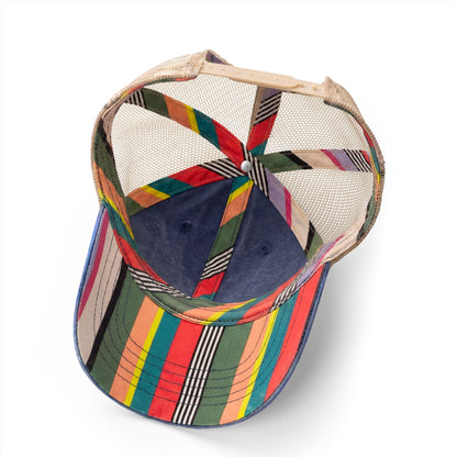 Washed mesh-back cap with multicolor stripe patchwork panels and mesh back