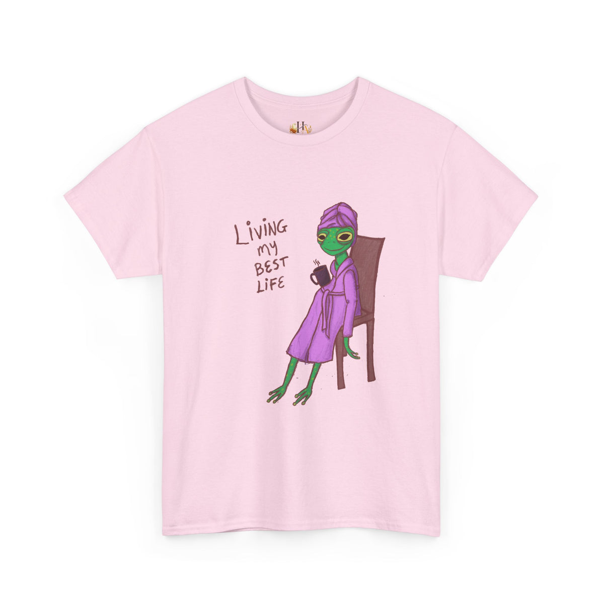 Pink graphic t-shirt with “Living my Best Life” text and character artwork on front