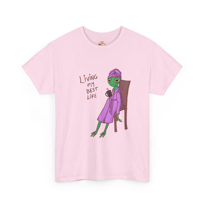 Pink graphic t-shirt with “Living my Best Life” text and character artwork on front