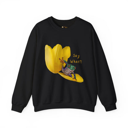 Black crewneck sweatshirt with yellow tulip frog graphic and “Say What?!” text