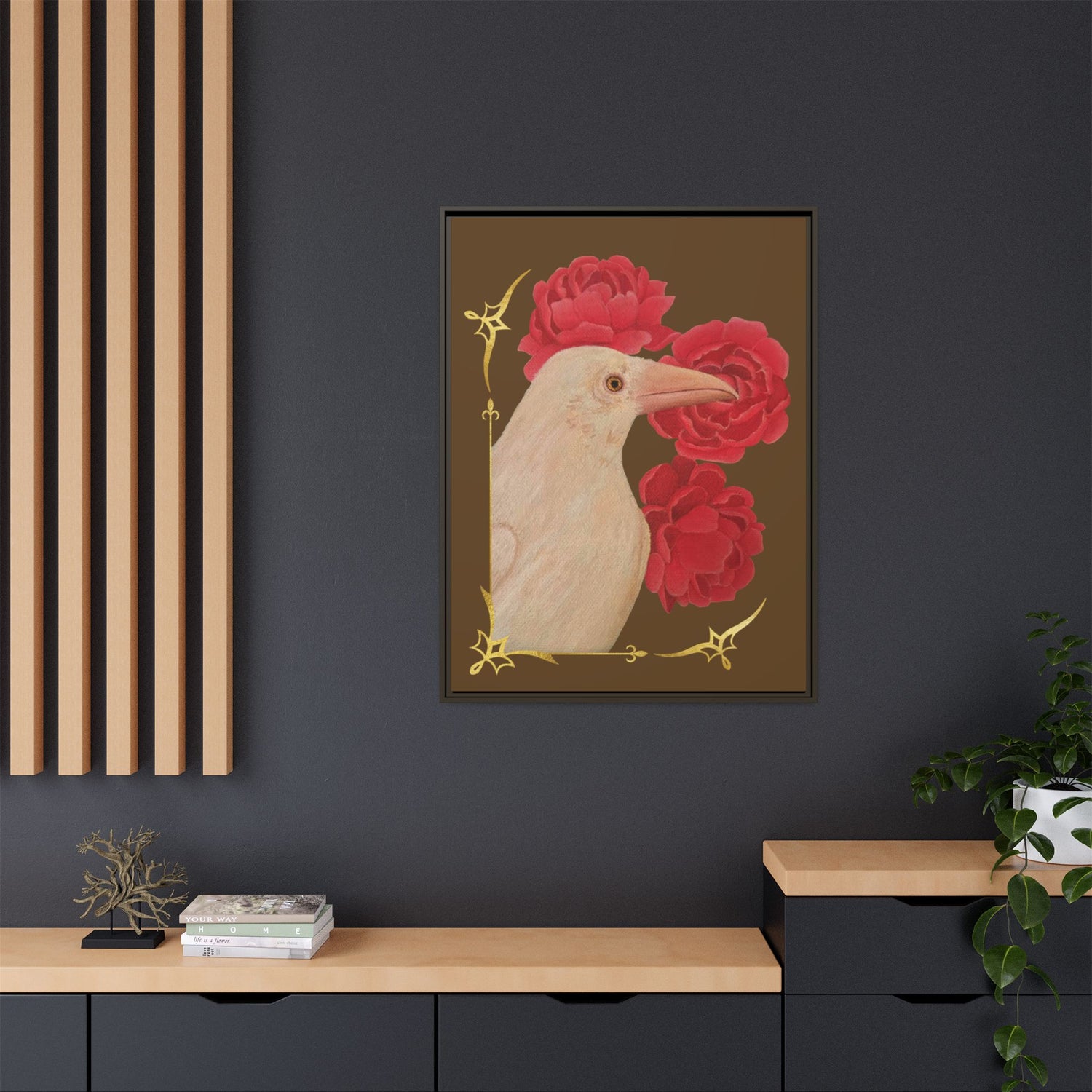 Framed matte canvas wall art with white bird, red peonies, and gold vines.