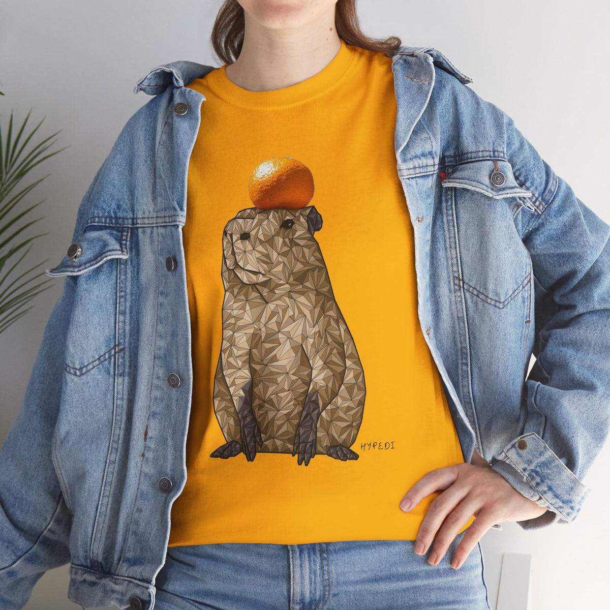 Unisex heavy cotton T-shirt, solid orange, capybara graphic in front view