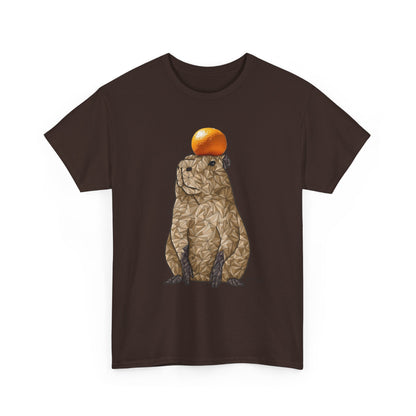 Unisex heavy cotton t-shirt, dark brown, capybara graphic with orange fruit on front