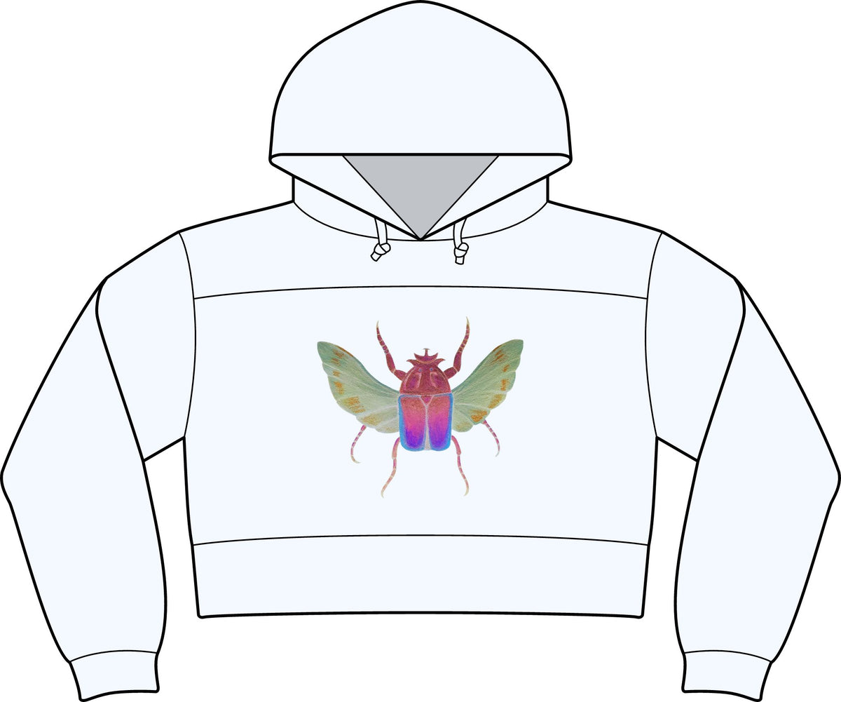 Cropped fleece hooded sweatshirt in white, featuring insect graphic and front pocket.