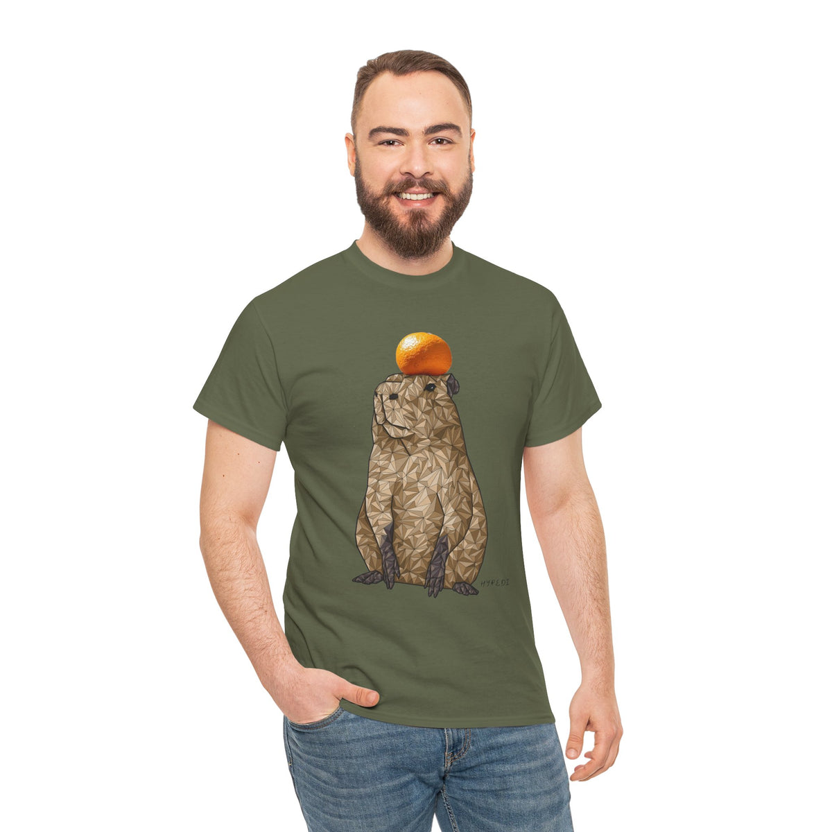 Olive green unisex cotton T-shirt with capybara graphic and orange fruit