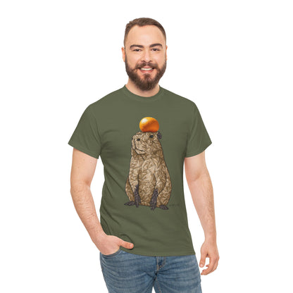 Olive green unisex cotton T-shirt with capybara graphic and orange fruit