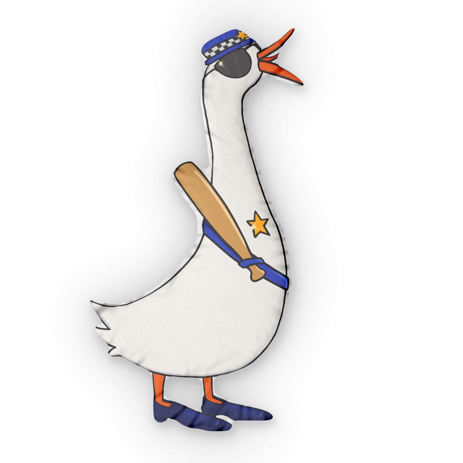 Decorative goose throw pillow in police uniform, side view with star on belly