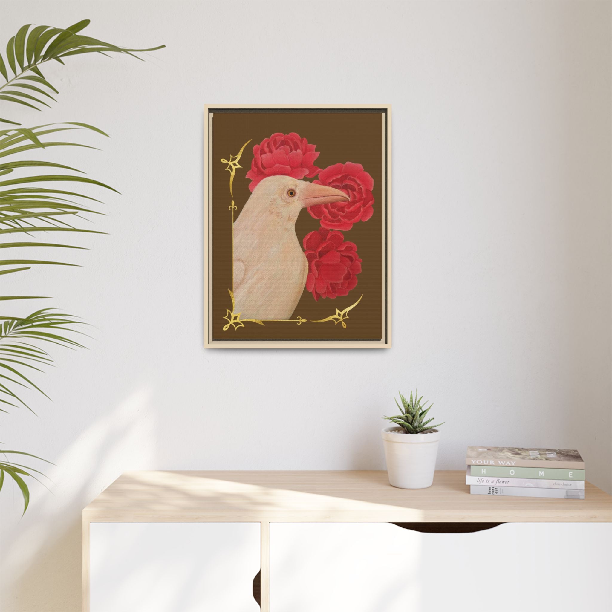 Framed matte canvas wall art with white bird and red peonies, natural frame