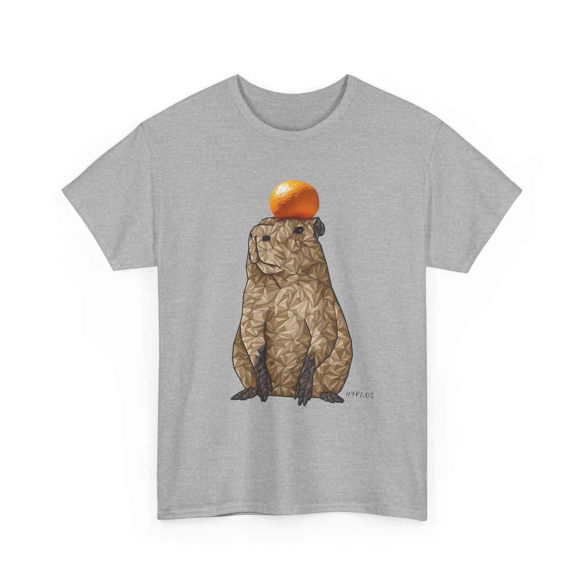 Unisex heavy cotton T-shirt in sport grey with capybara and orange fruit graphic