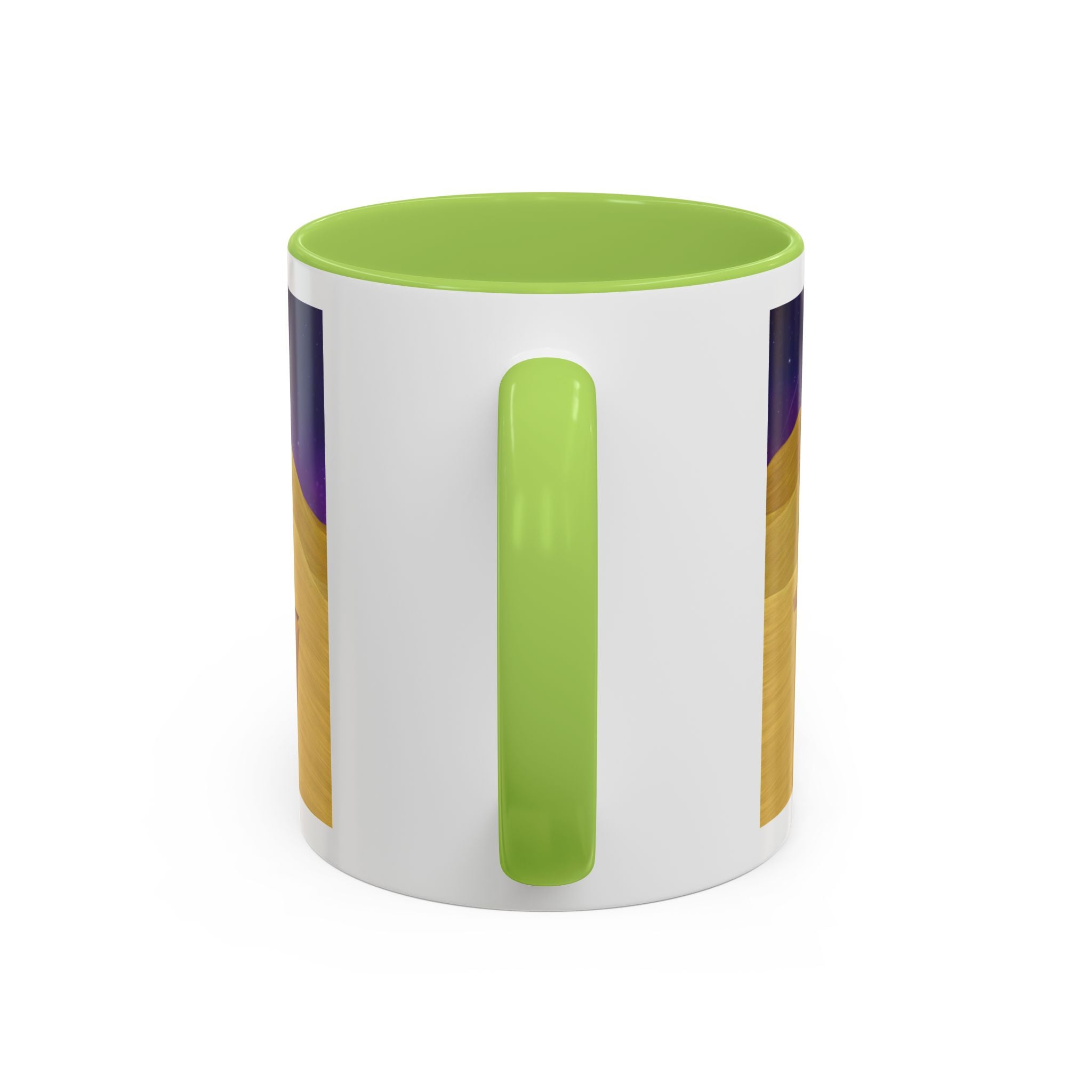 Coffee mug with green interior and handle, white with green vertical accent stripe.