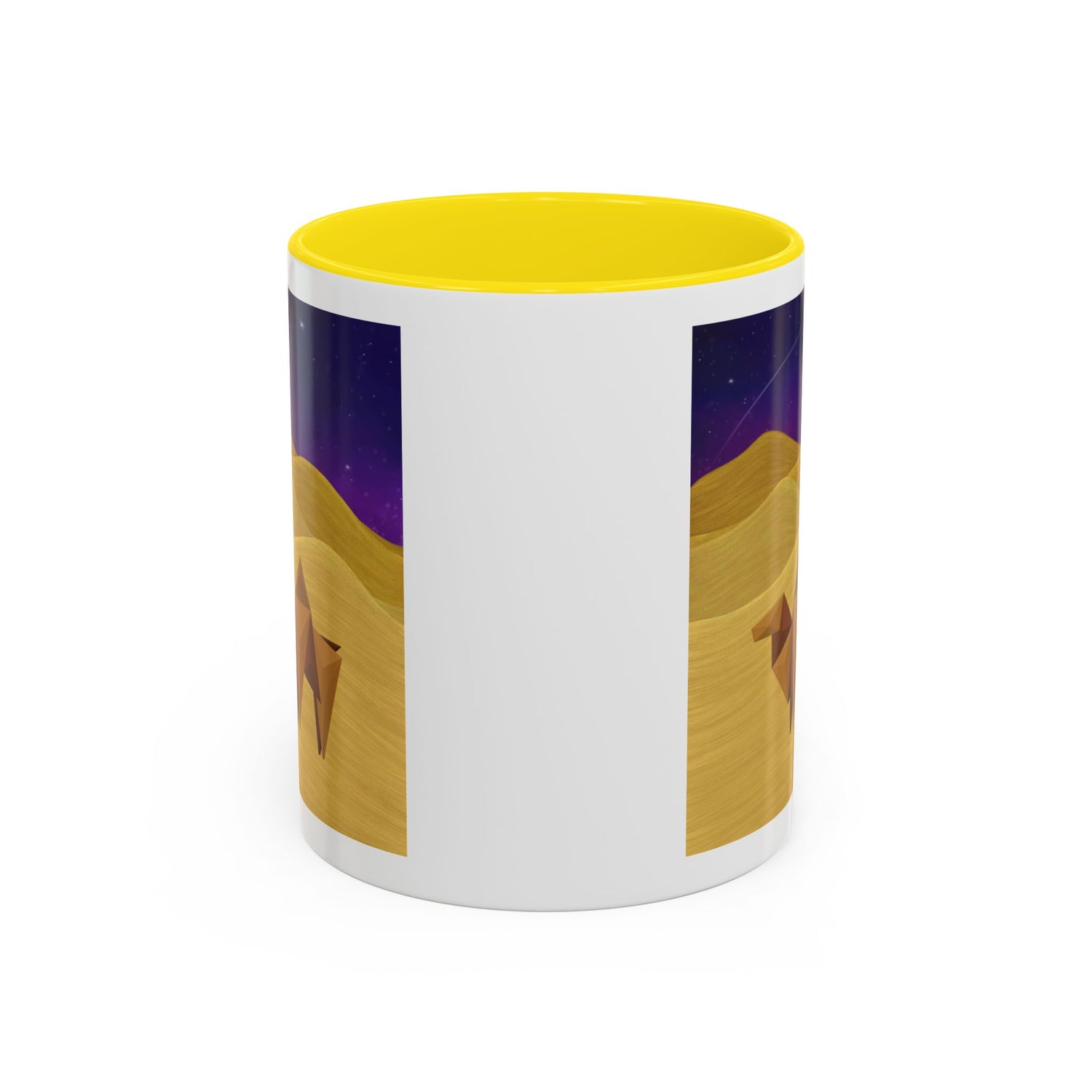 Coffee mug with origami camel night-sky graphic, white body, yellow interior lid