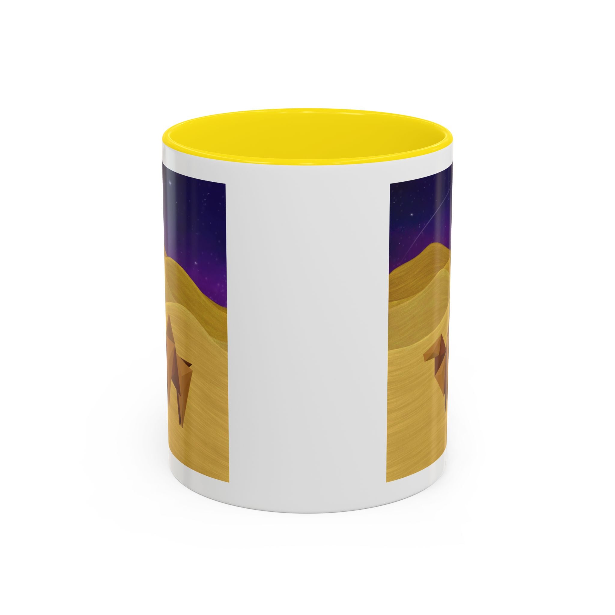 Coffee mug with origami camel night-sky graphic, white body, yellow interior lid