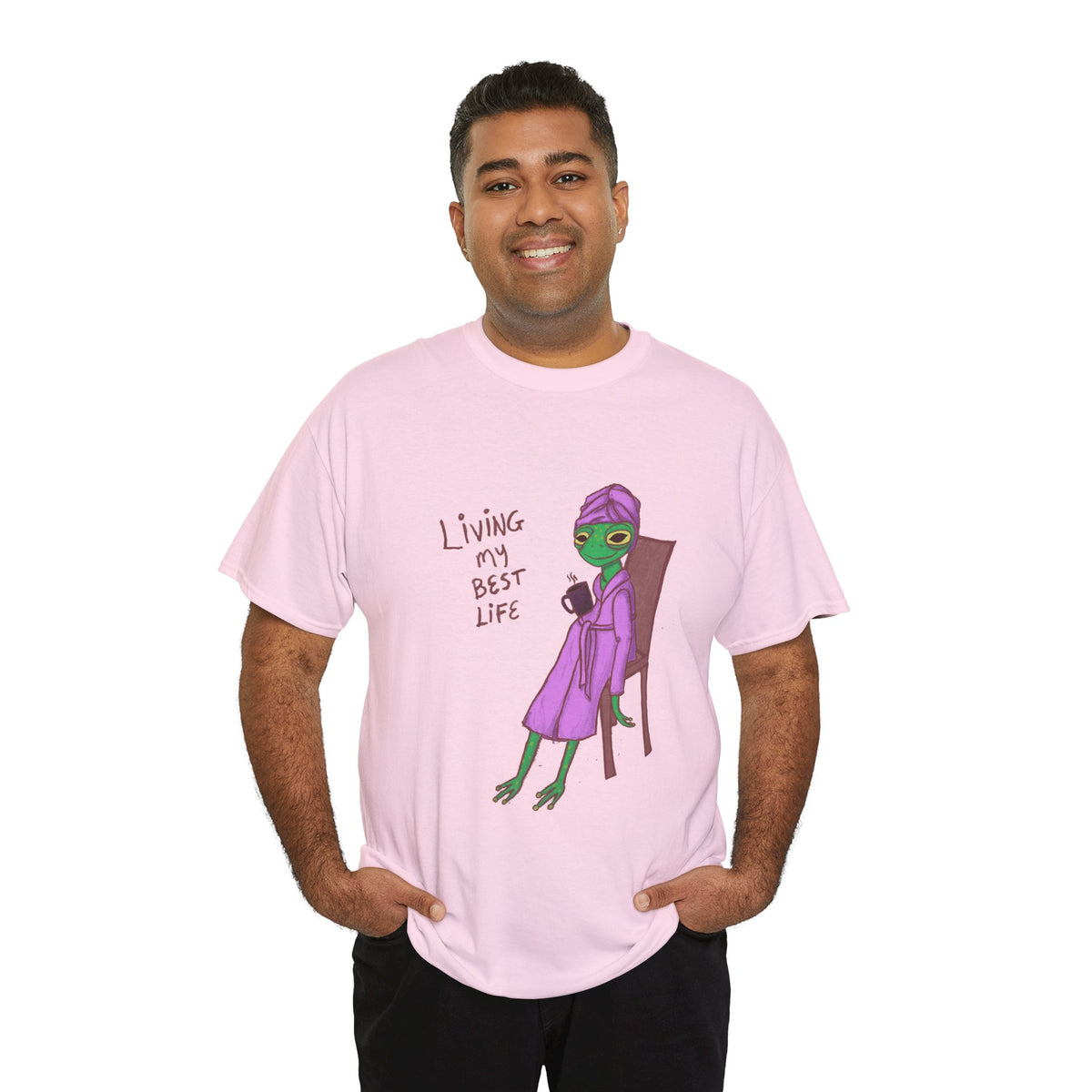 Light pink graphic T-shirt on model, front character illustration with &