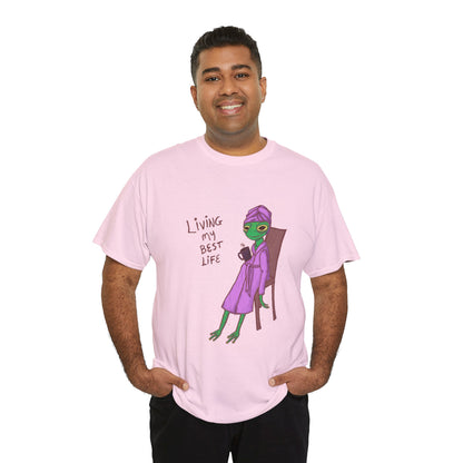 Light pink graphic T-shirt on model, front character illustration with &