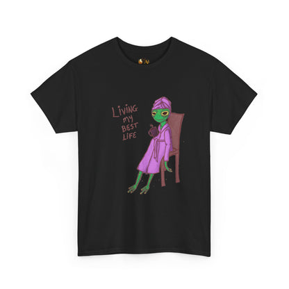 Black graphic t-shirt with purple alien-girl character and &