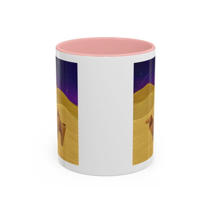 Coffee mug with origami camel night-sky graphic, white body, pink interior lid