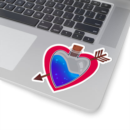 Heart potion kiss-cut vinyl sticker on a laptop keyboard, blue liquid flask and red border
