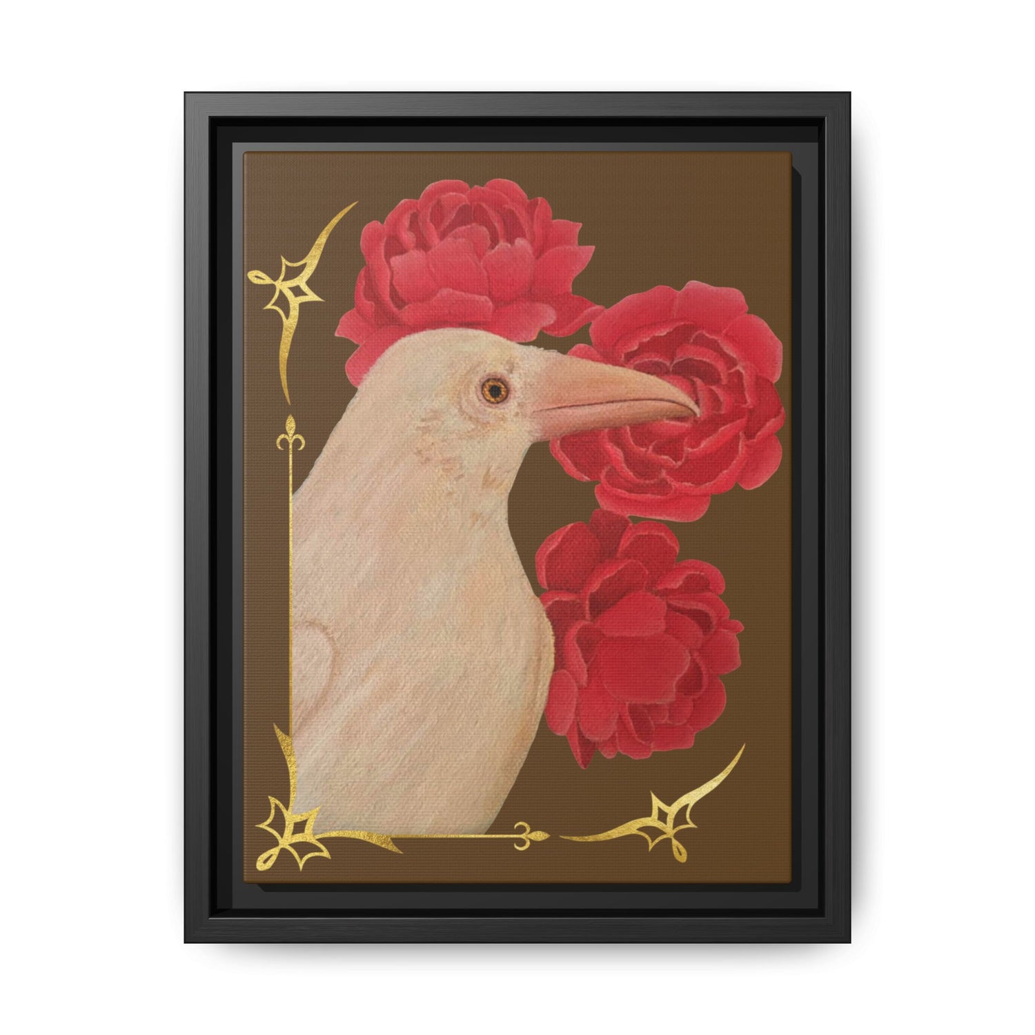 Framed art print with white raven and red peonies, black frame, gold details