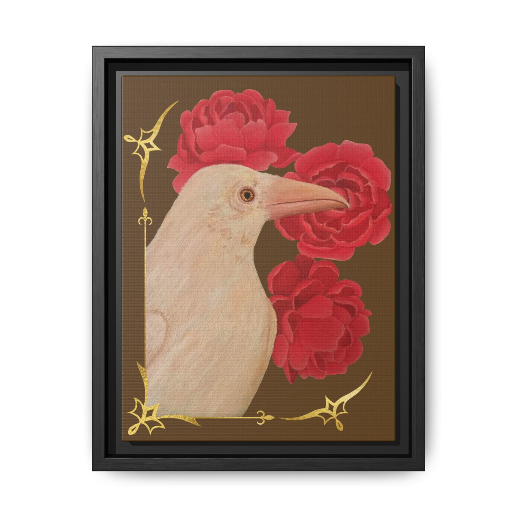 Framed art print with white raven and red peonies, black frame, gold details
