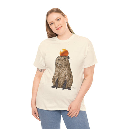 Unisex heavy cotton t-shirt, cream, capybara graphic with orange fruit