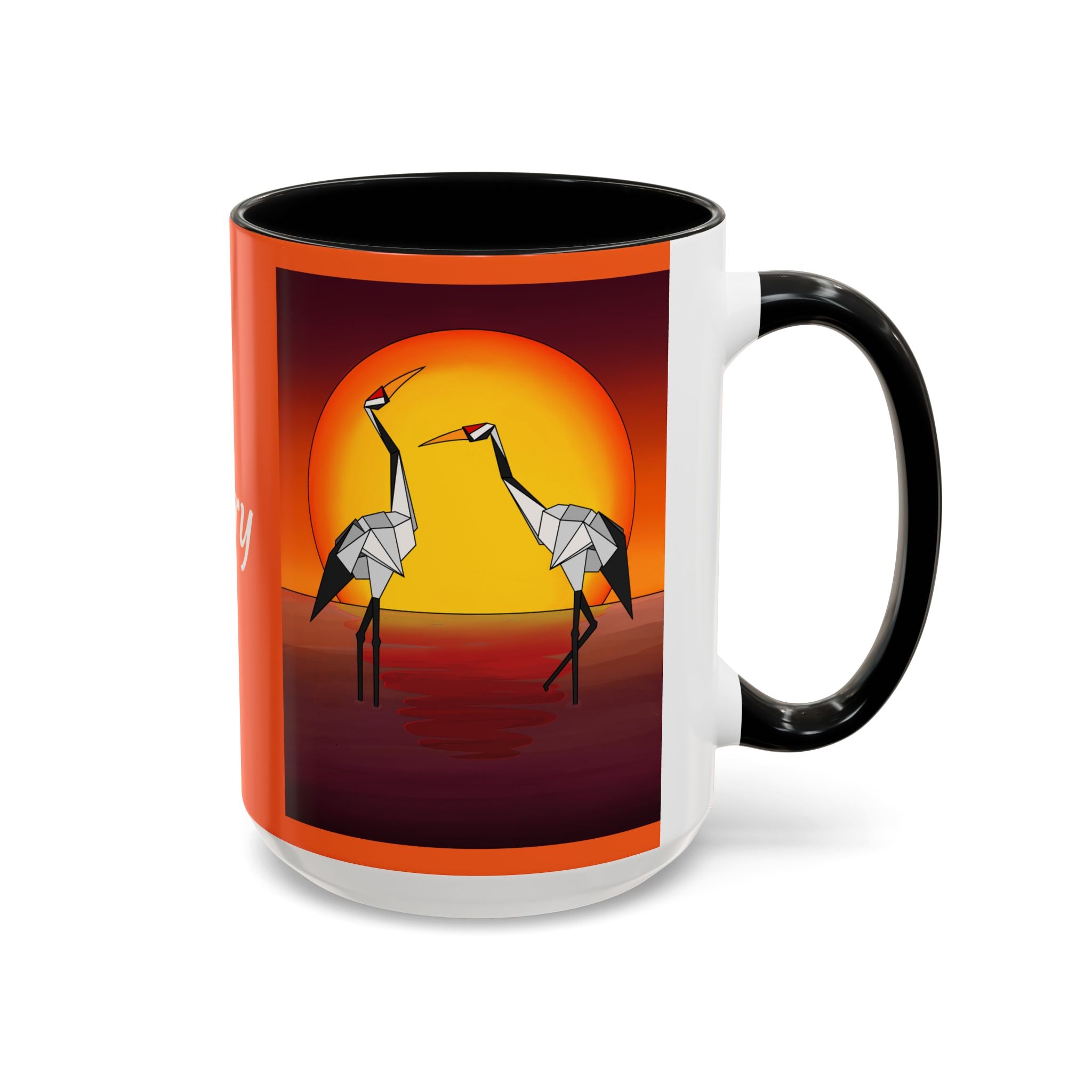 Orange coffee mug with origami crane sunset print and black handle, black rim.