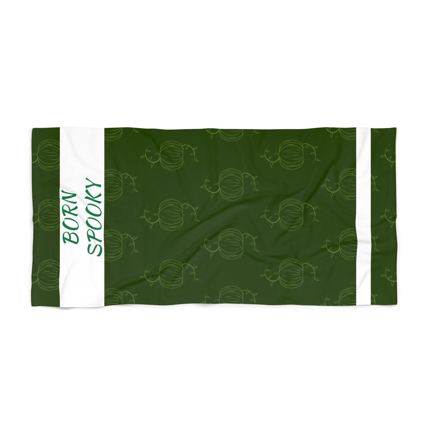 Green pumpkin beach towel featuring repeating pumpkin icons and white bordered stripes