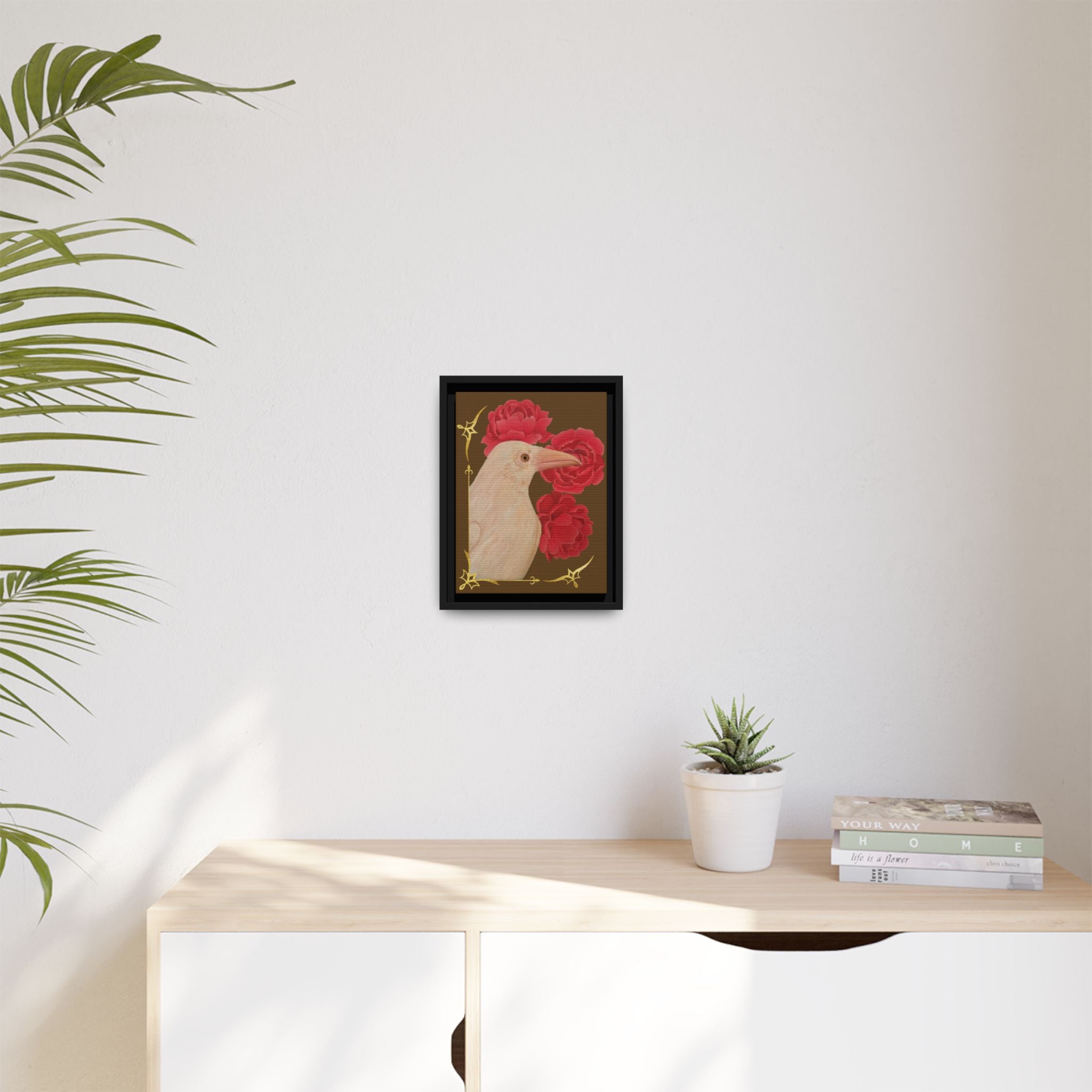 Framed matte canvas wall art with a white bird and red peonies, dark frame