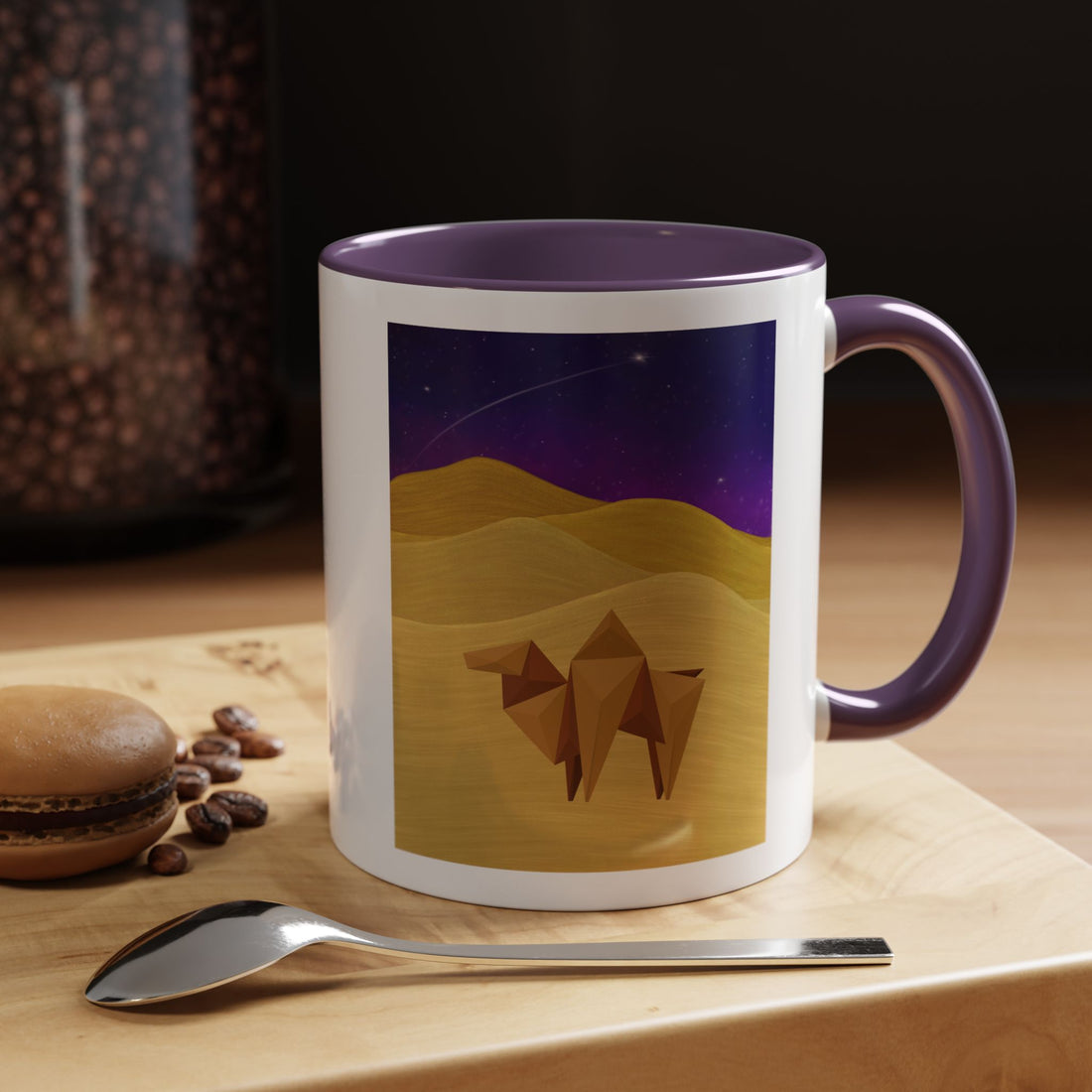 Coffee mug with origami camel night-sky graphic, white body, purple interior, side handle