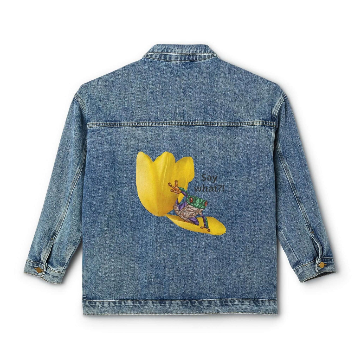 Women’s medium wash denim jacket, back view with yellow graphic and small text