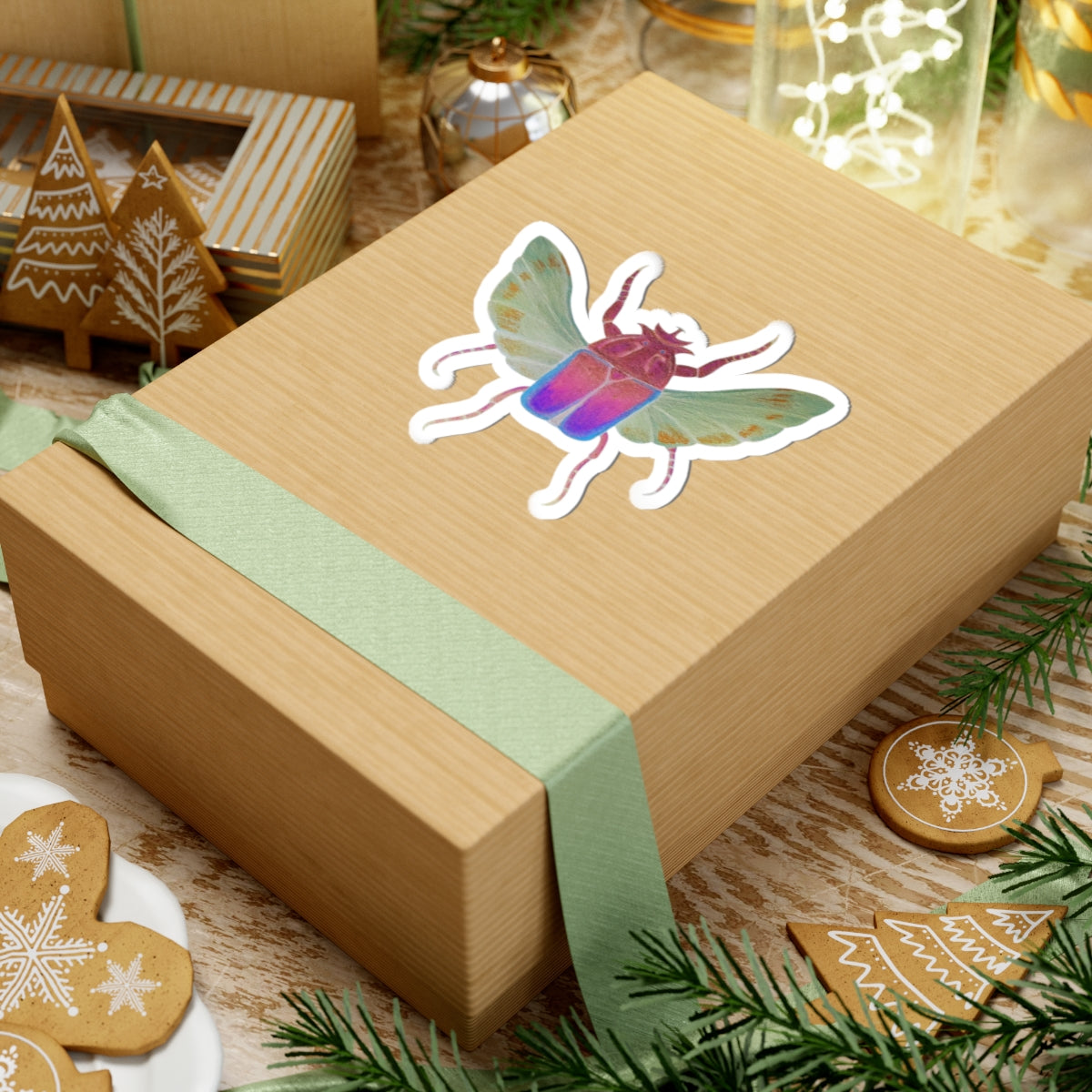 Iridescent beetle kiss-cut sticker featuring rainbow wings, antennae, and white kiss-cut border