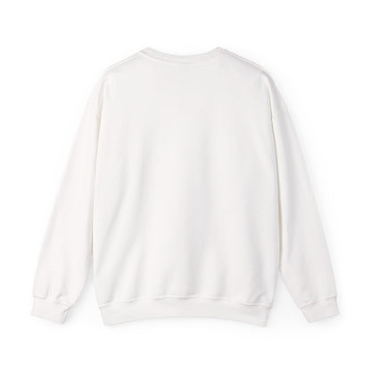 White crewneck sweatshirt with ribbed cuffs and hem, back view.
