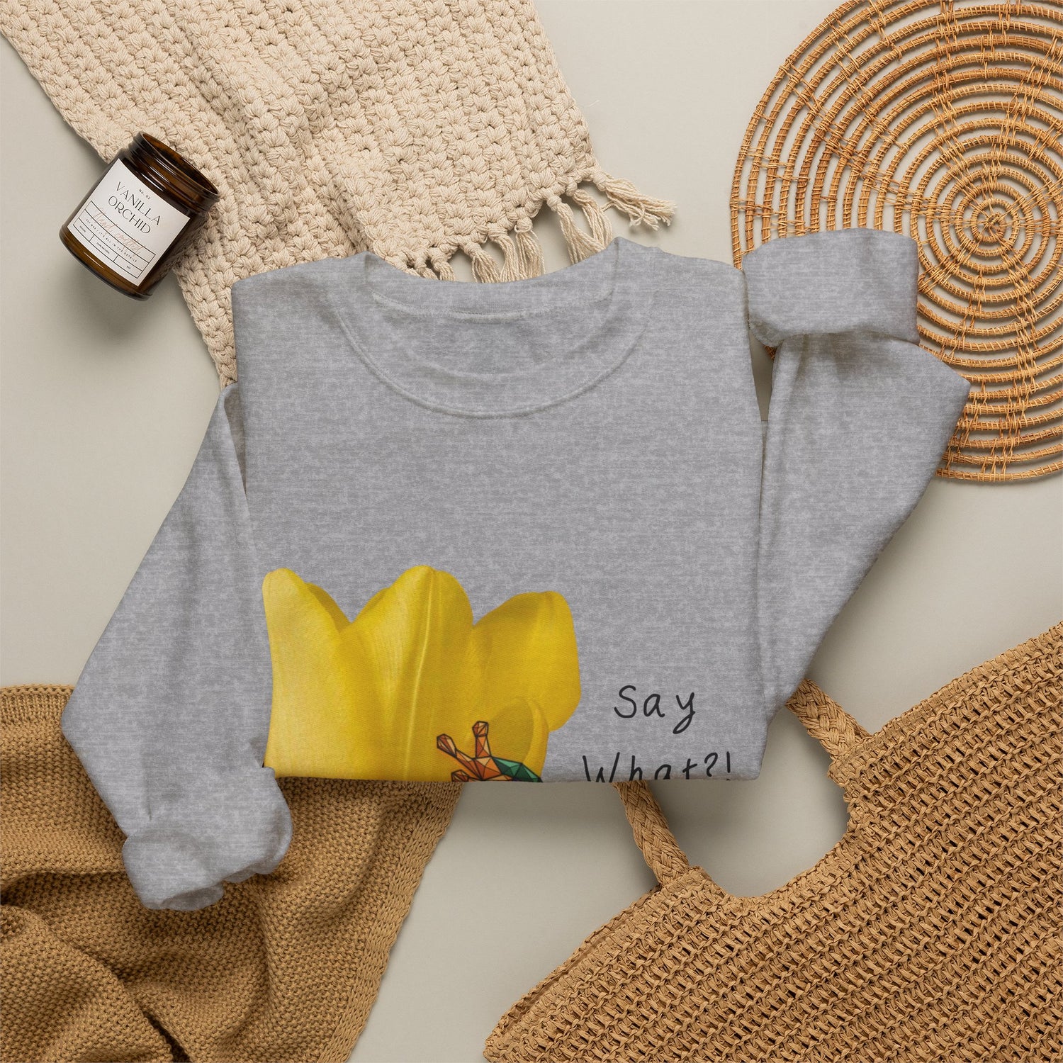 Heather gray crewneck sweatshirt with yellow frog tulip graphic and &