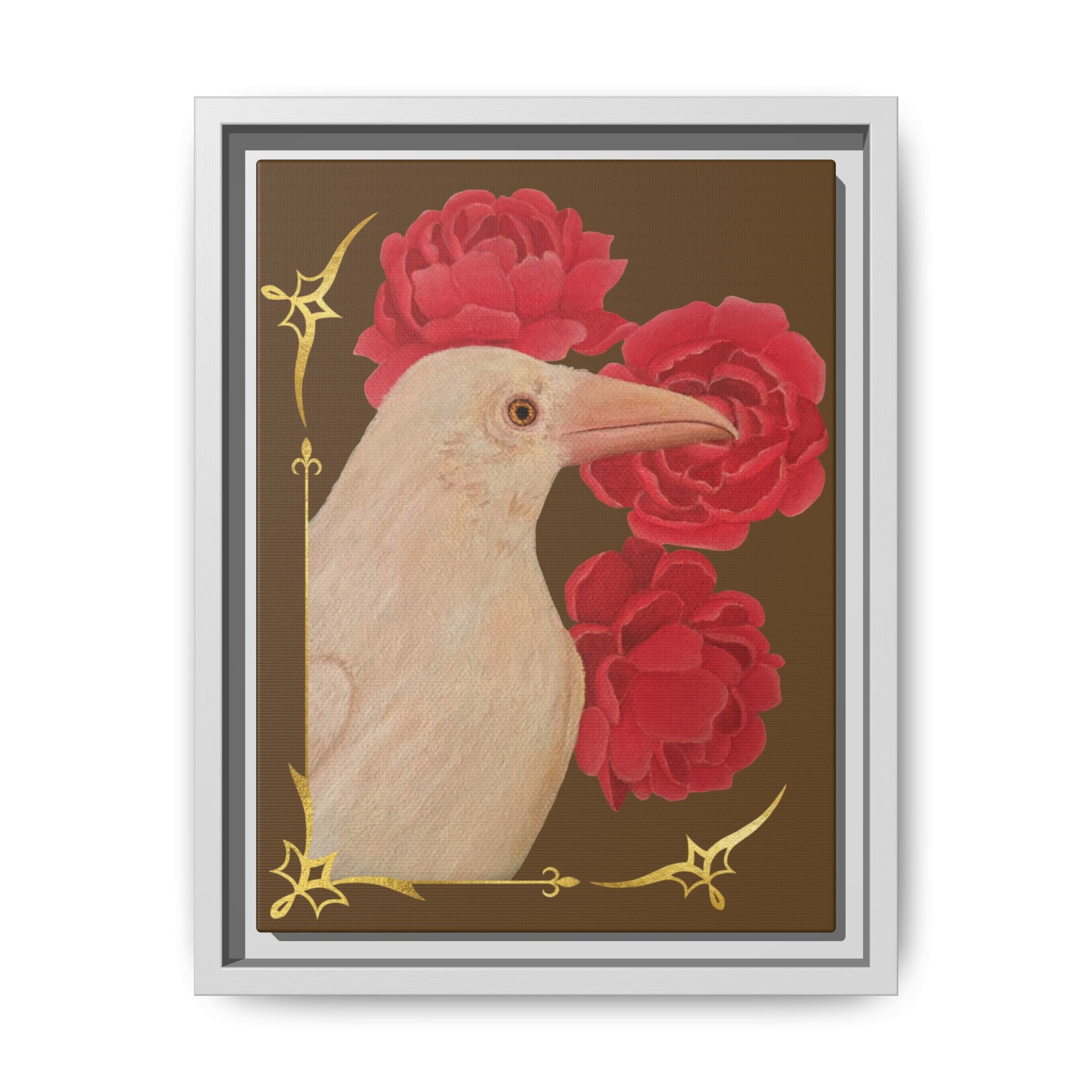 Framed art print with white raven and red peonies, dark gray frame