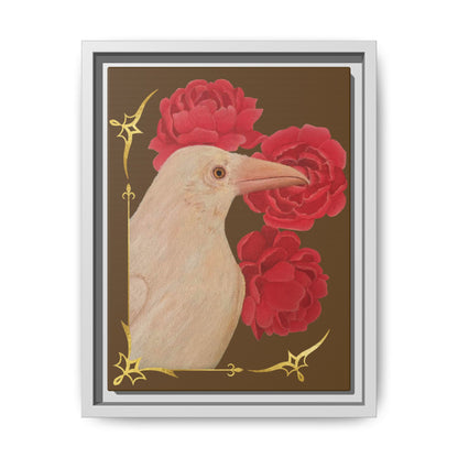 Framed art print with white raven and red peonies, dark gray frame