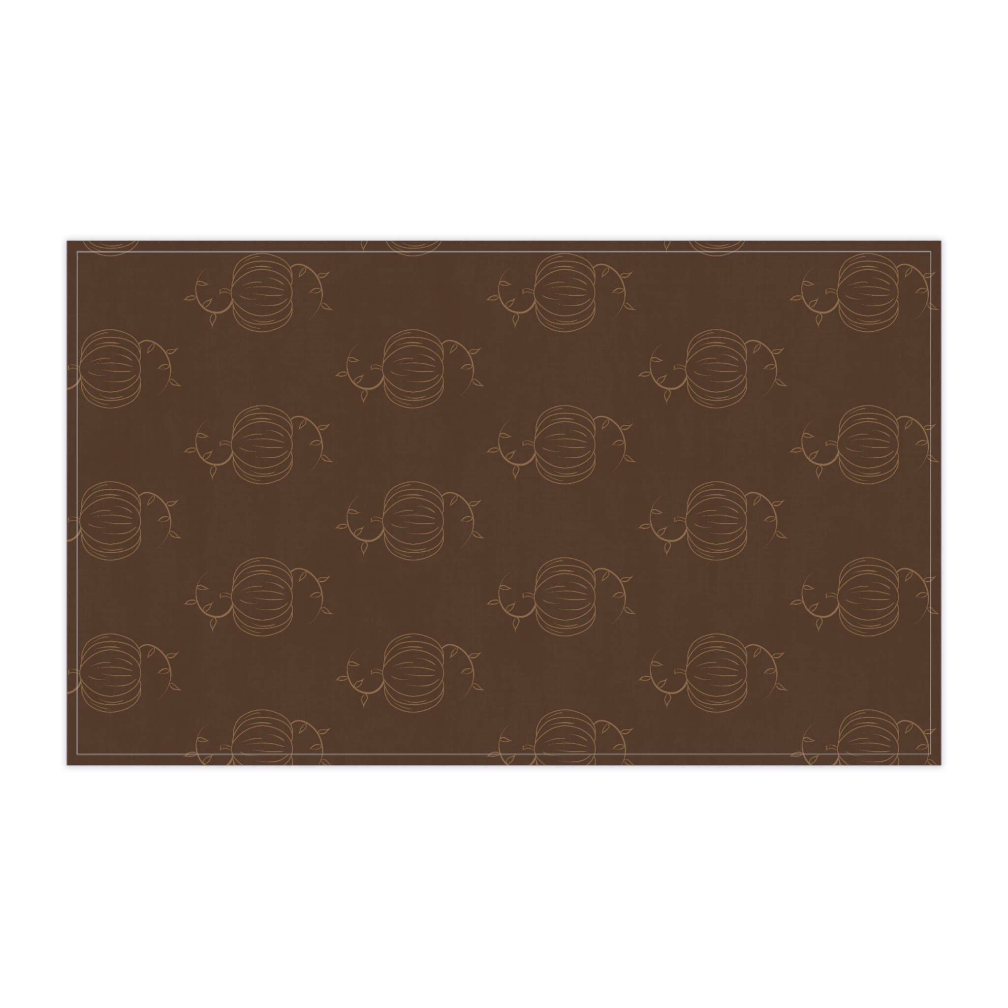 Brown tea towel with repeating pumpkin line pattern, long horizontal rectangle