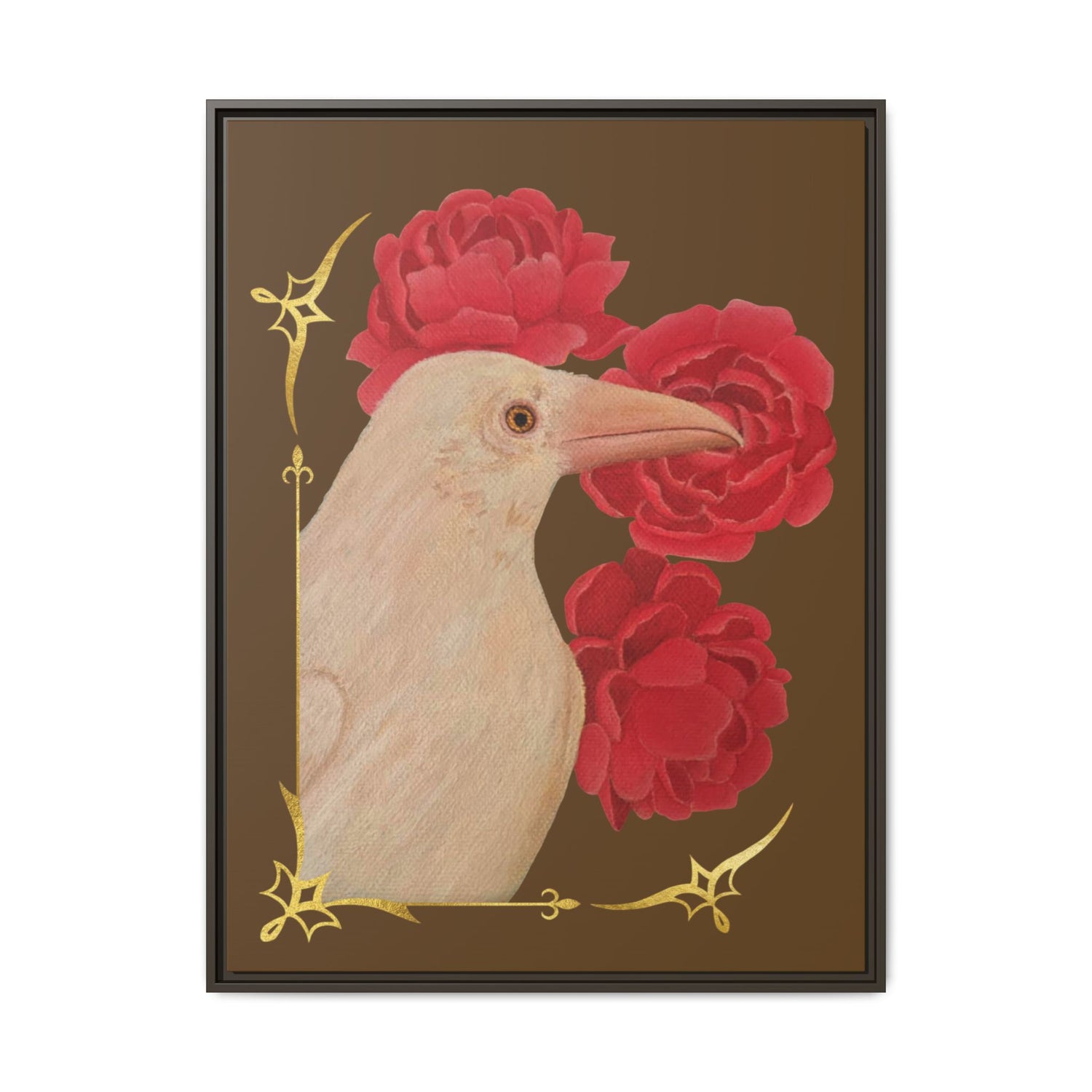 Framed canvas art print of a white raven with red peonies, black frame