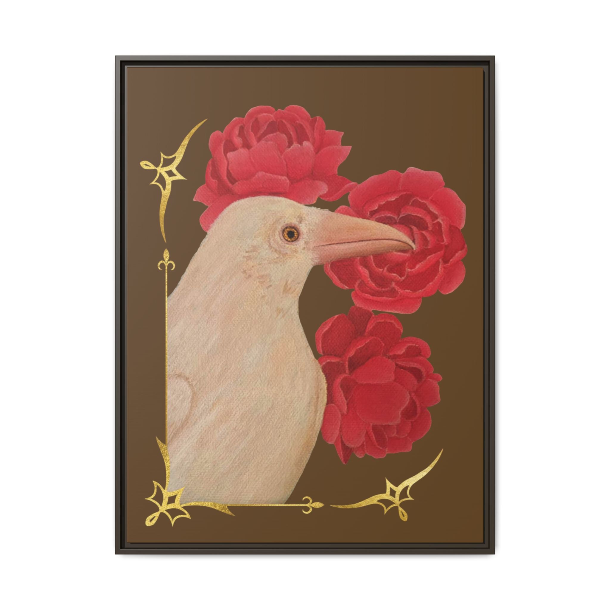 Framed canvas art print of a white raven with red peonies, black frame