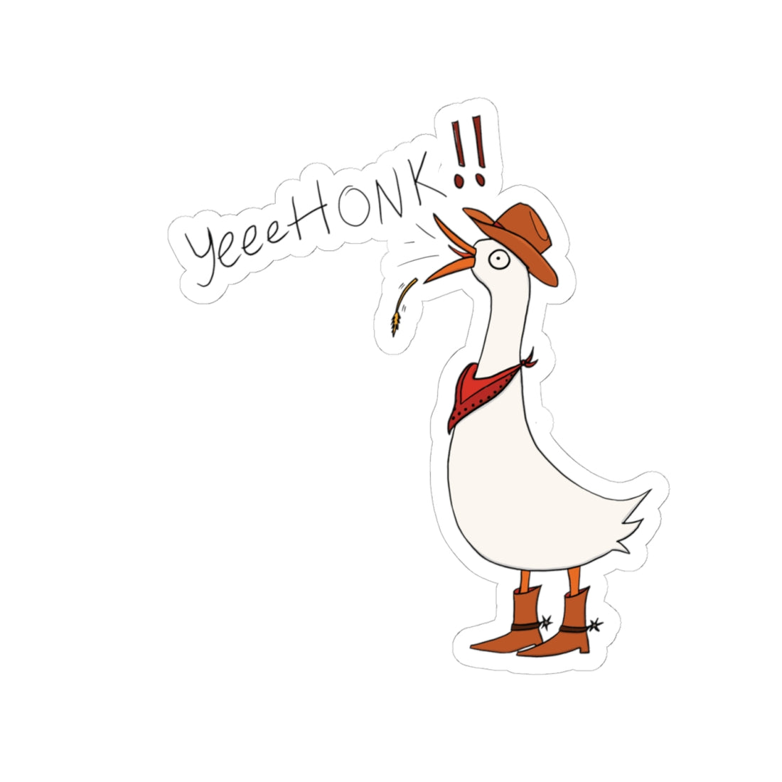 Kiss-cut cowboy goose sticker with brown hat, red bandana, and &