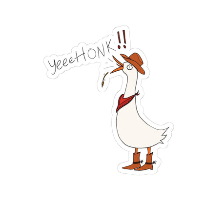 Kiss-cut cowboy goose sticker with brown hat, red bandana, and &