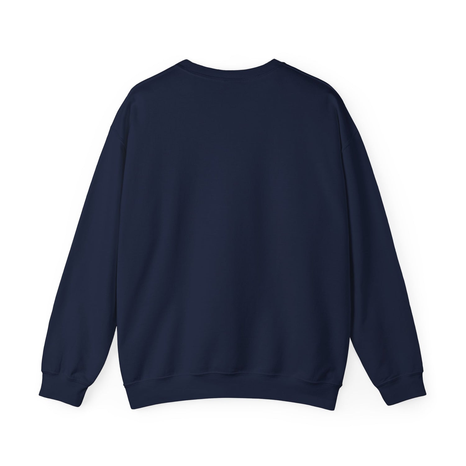 Navy crewneck sweatshirt, back view with long sleeves and ribbed hem and cuffs