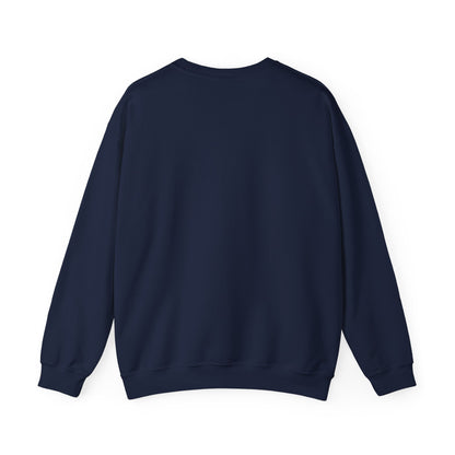 Navy crewneck sweatshirt, back view with long sleeves and ribbed hem and cuffs