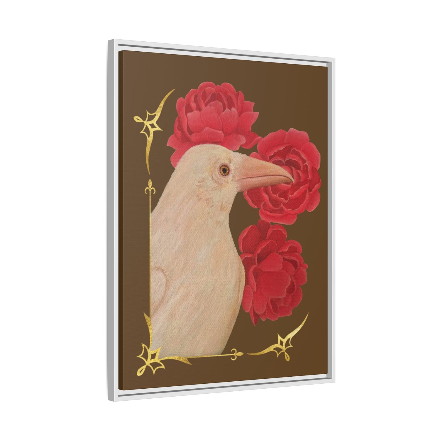Framed matte canvas wall art with white bird and red peonies, white frame
