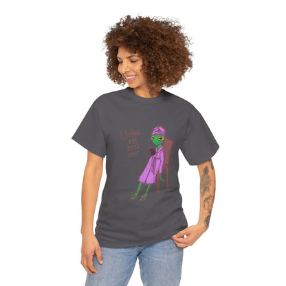 Charcoal graphic T-shirt worn by woman, “Living my Best Life” character print