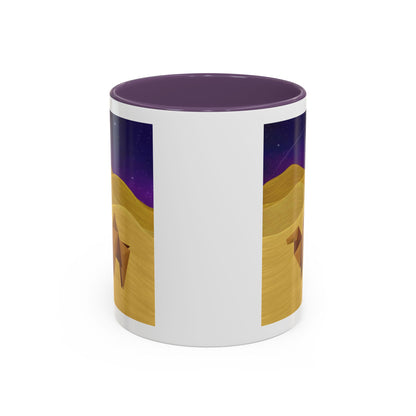 Coffee mug with origami camel night-sky graphic, white body, purple interior lid
