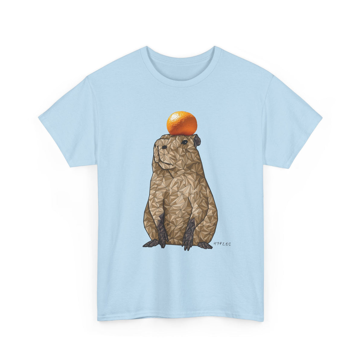 Unisex light blue T-shirt with geometric capybara graphic and orange top