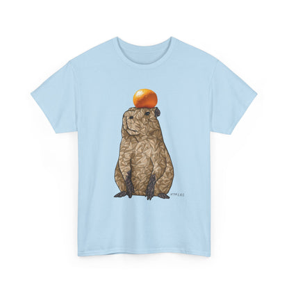 Unisex light blue T-shirt with geometric capybara graphic and orange top